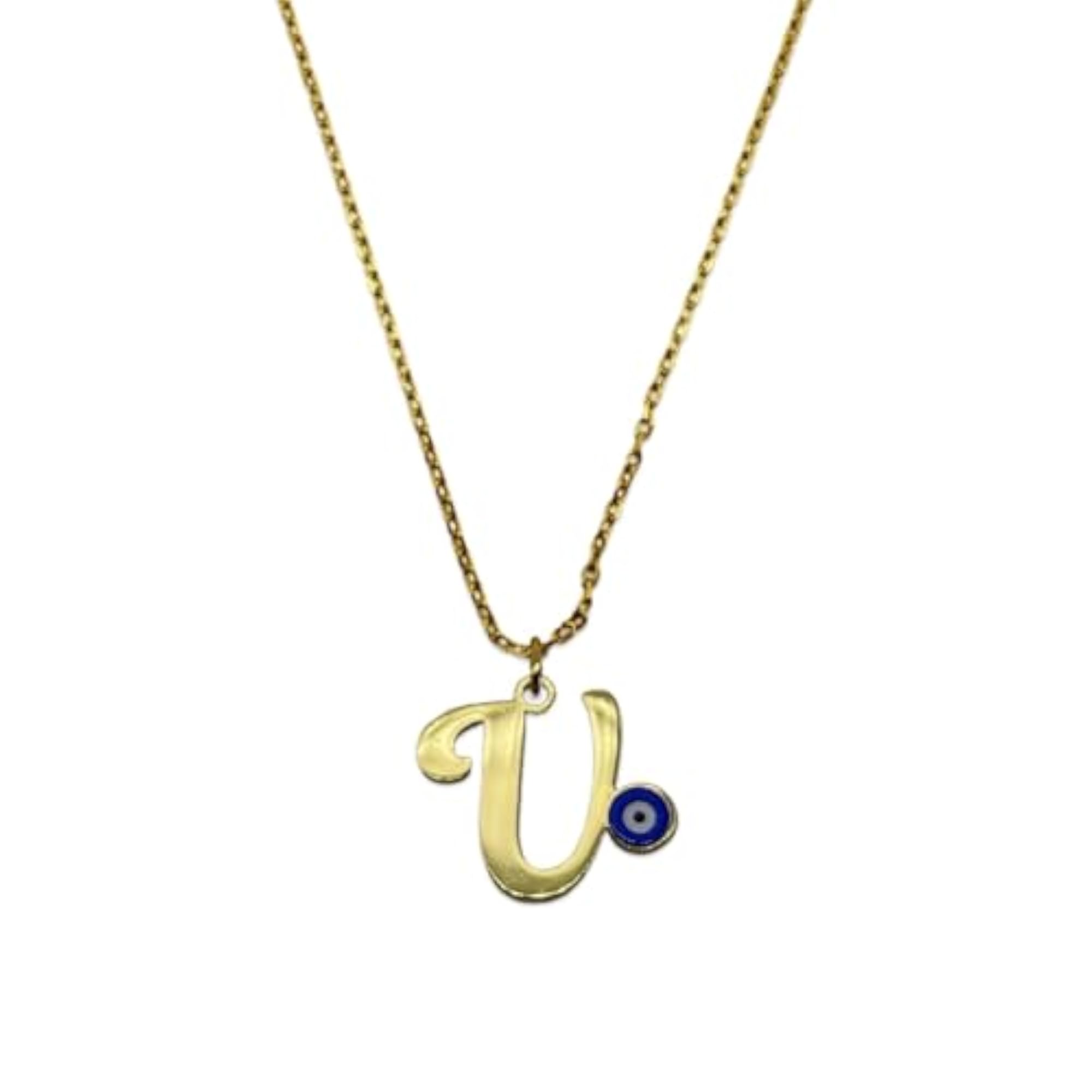 Women's Blue Evil Eye Initial 'V' Necklace, Gold Plated